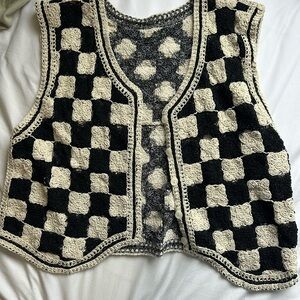 SHEIN Black and Cream Crochet Checkerboard Vest